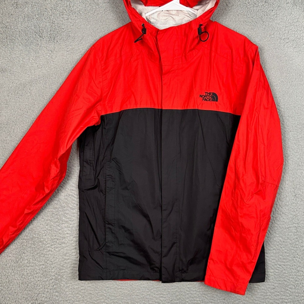 The North Face Rain Jacket Mens Medium Red Colorblock Hooded Water Resistant EUC